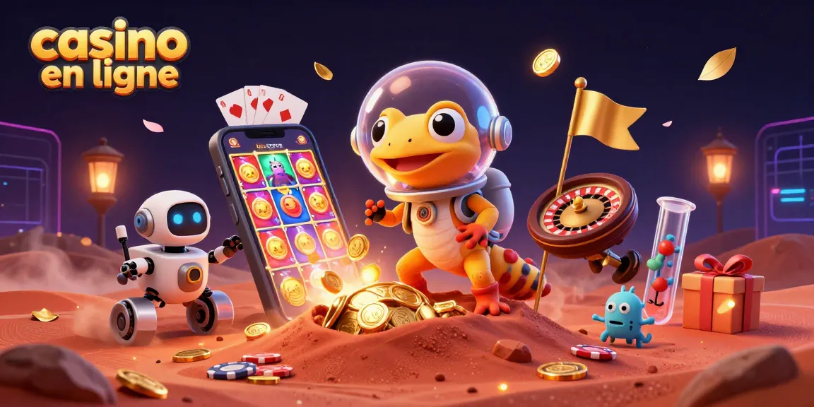 Un gecko martien découvrant un casino en ligne doré, entouré d'éléments de jeu animés.
