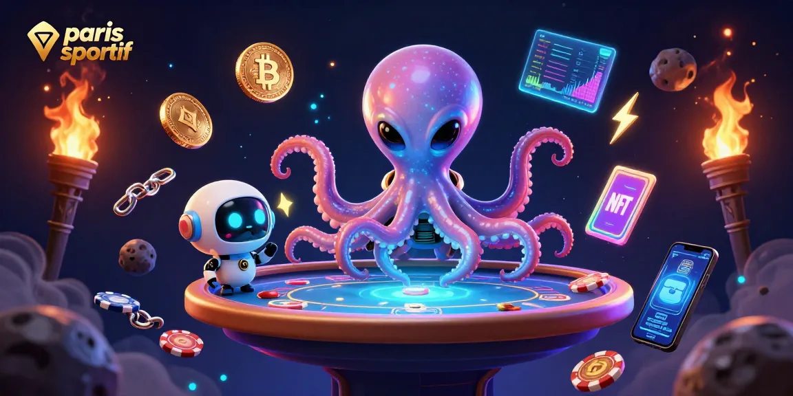 Pariez sur paris sportif avec une scène dynamique d'aliens et de robots autour d'une table holographique.