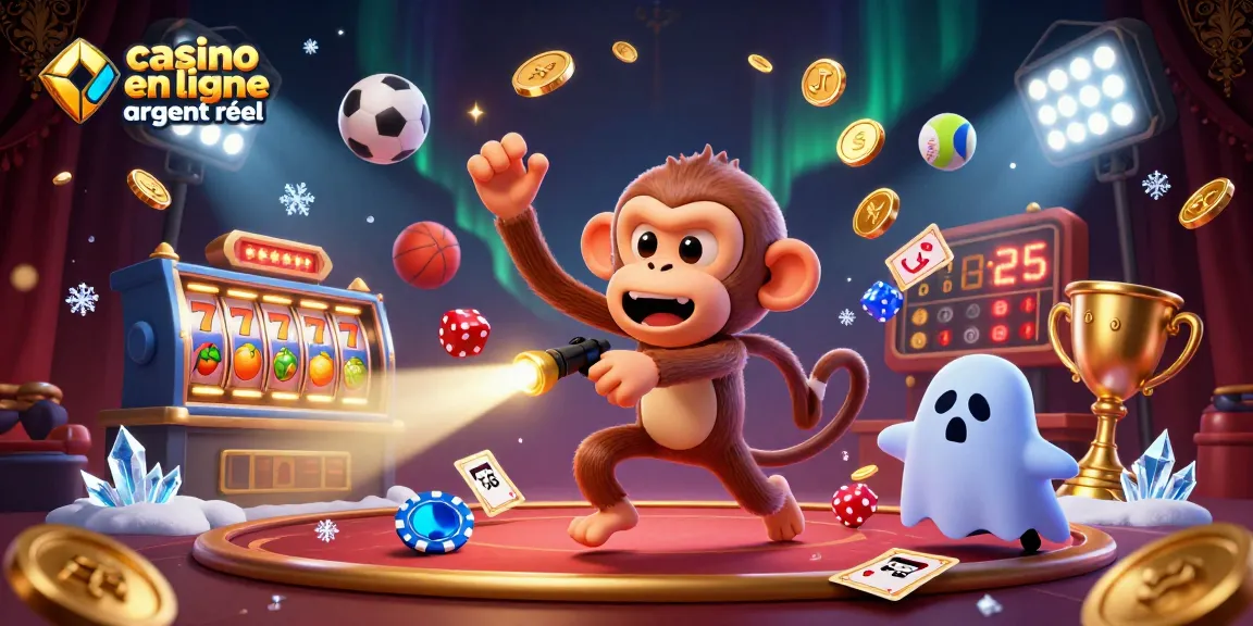Illustration vivante montrant un casino en ligne argent réel animé avec un singe poltergeist et un chiot chasseur de fantômes.