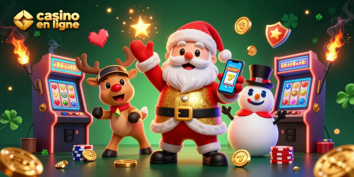 Le casino en ligne avec un Père Noël 3D amical montrant des jackpots sur son smartphone, entouré de jeux colorés.
