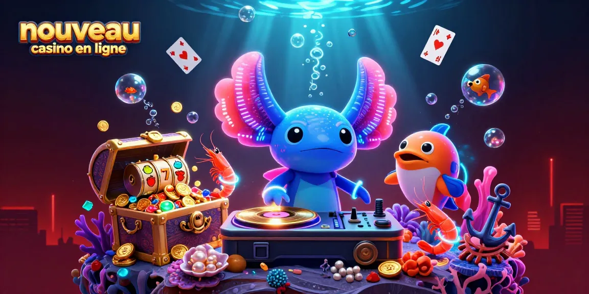 Animation de casino dynamique avec un DJ axolotl et des éléments lumineux; nouveau casino en ligne.