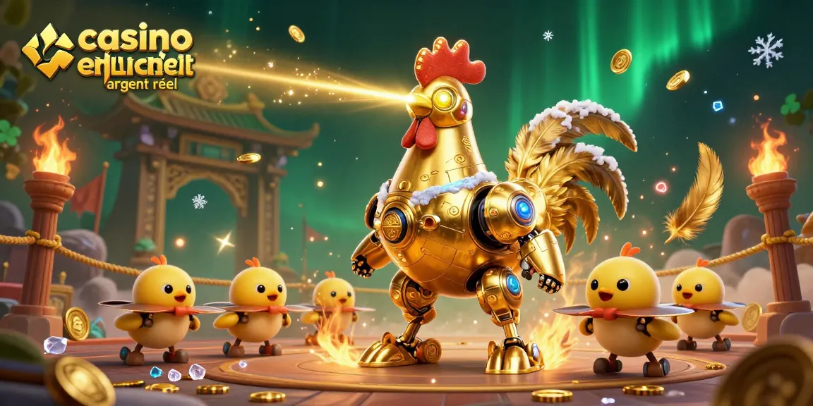 Illustration d'un robot coq doré en 3D et drones de poussins dans une arène de casino en ligne argent réel