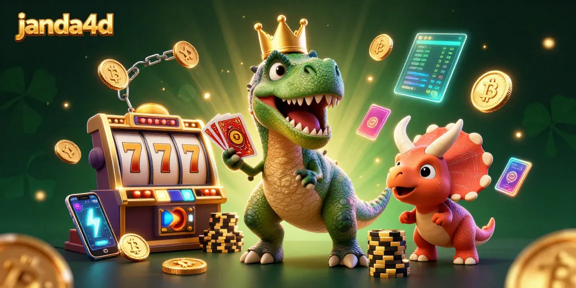 Slot gacor dan jackpot menanti di janda4d dengan T-Rex, pterosaurus, dan triceratops kartun.