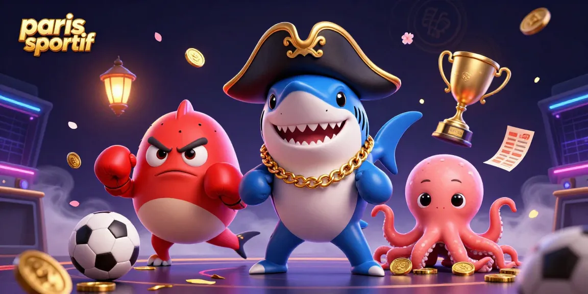 Pari sportif avec un requin pirate 3D, un poisson-globe en gants de boxe, et une pieuvre avec des pièces d'or.