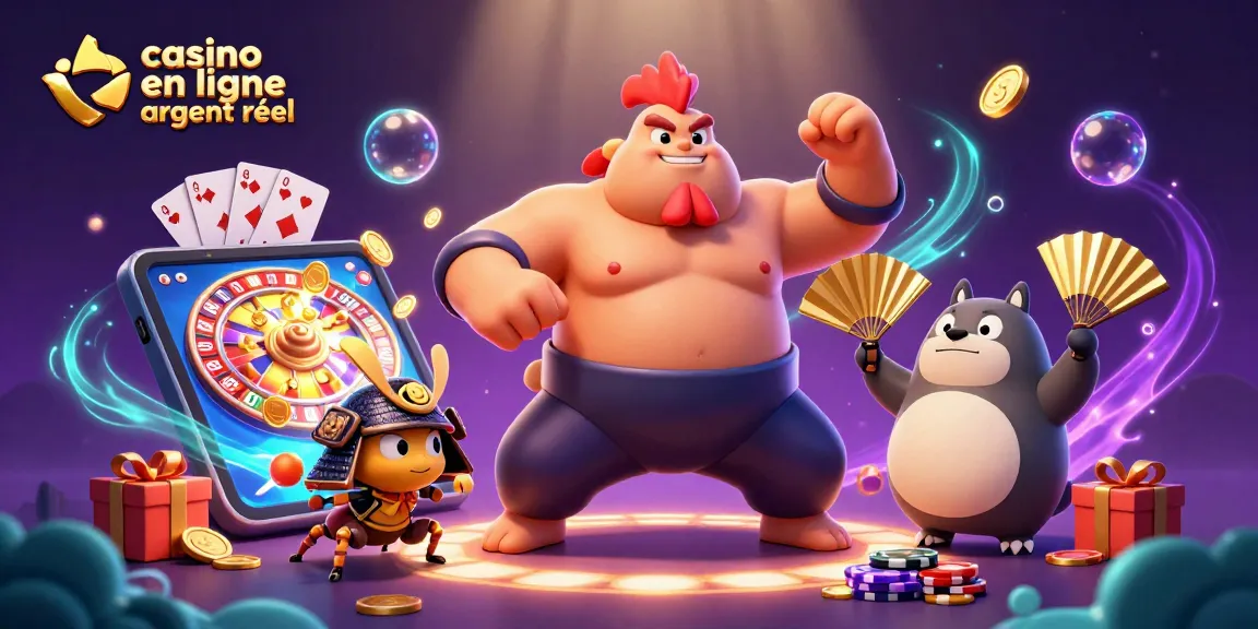 Visuel dynamique de casino en ligne argent réel avec un sumo puissant, un criquet samouraï, et un tanuki annonceur.