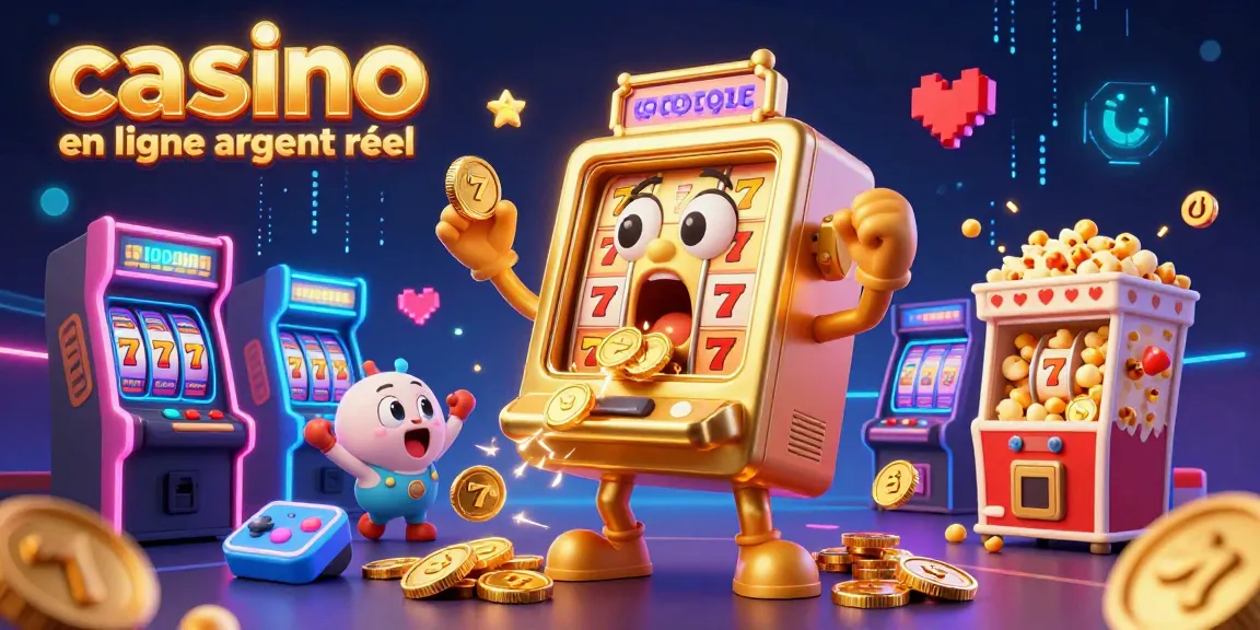 Jackpot éclatant à casino en ligne argent réel avec une machine à sous animée et des machines accompagnantes célébrant ensemble.