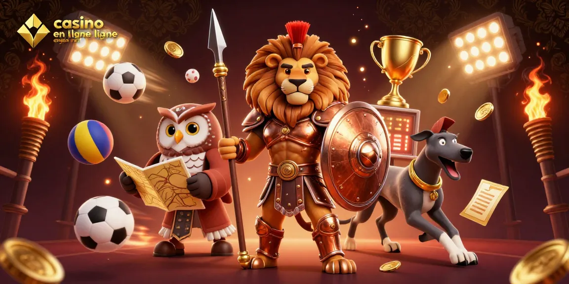 Plongez dans le monde du casino en ligne argent réel avec un lion spartiate, un hibou stratège et un lévrier messager entourés d'éléments de jeu.