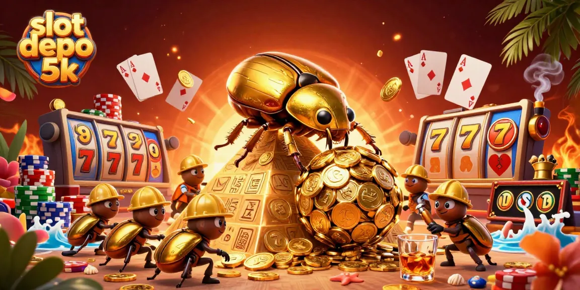 Experience thrilling wins with slot depo 5k in this vibrant casino scene featuring golden coins and lucky 7s.
