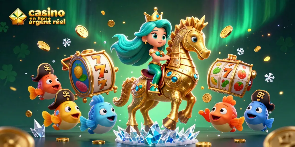 Jouez au casino en ligne argent réel avec notre illustration captivante de la princesse sirène et de sa monture équestre dorée.