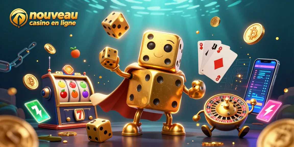 Casino virtuel amusant avec le nouveau casino en ligne illustré par des dés enchantés et des pièces de crypto-monnaie.