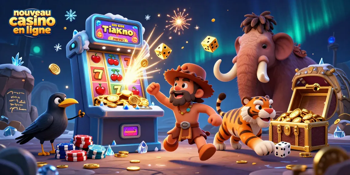 Illustration animée d'un nouveau casino en ligne avec un duo de personnages et des éléments de jeu captivants.