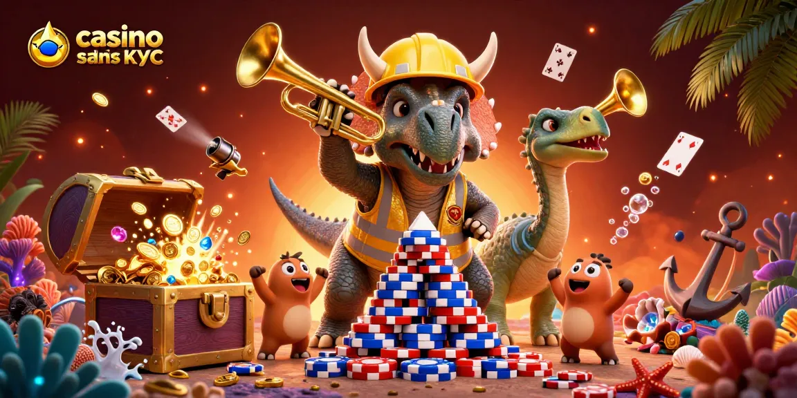 Jouer sur un casino en ligne sans KYC et célébrer avec un dinosaure joyeux entouré de trésors